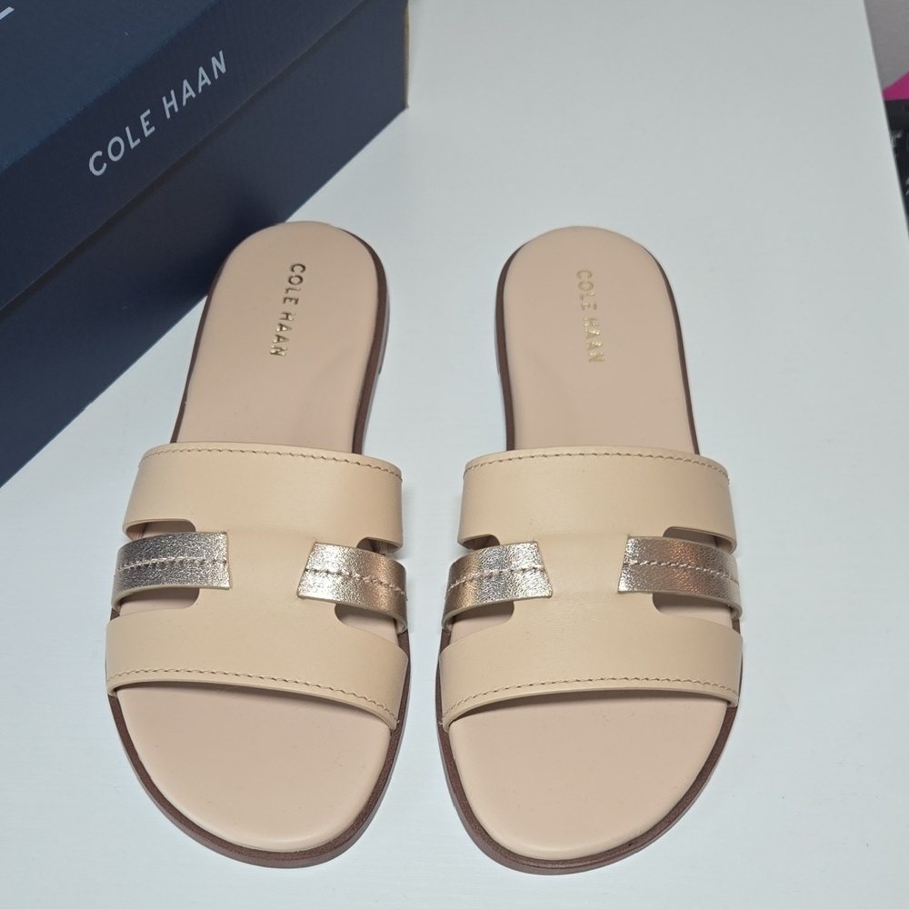 Cole Haan Cream Slide Sandals with Metallic Accents